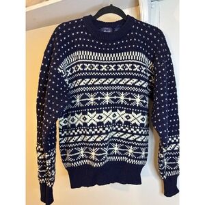 VTG ALLEN SOLLY Wool Blue & White Fair Isle Sweater L‎ Snowflakes Fisherman